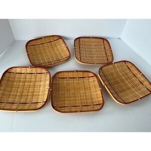 Woven Bamboo Trays Set of 5 Red Stripe 8.5in Square Boho Decor